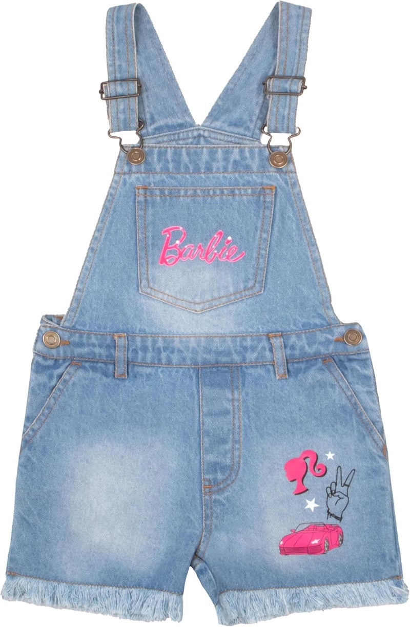 Barbie Girl's Crewneck T-Shirt and Denim Short Overalls 2-Piece Set Pink Convertible Tee and Jean Shortalls for Kids - Image 5